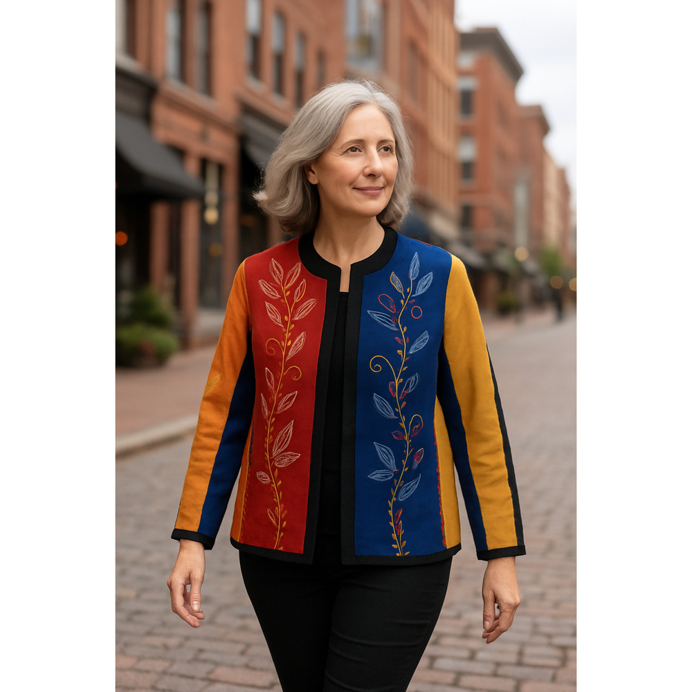 Indigo Moon Colorblock Floral Embroidered Statement Jacket Artsy Chic Sz L